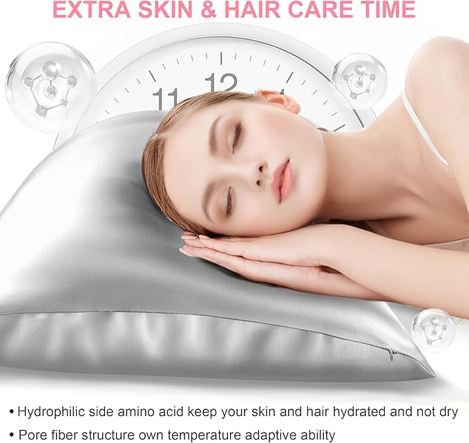 Silk Pillow Cases 2 Pack Standard Size with Hidden Zipper, Mulberry Silk Pillowcase for Hair and Skin, Smooth and Soft Breathable Cooling Silk Satin Pillowcase Set of 2, Gifts for Women，Light Grey