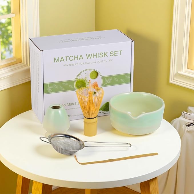 Matcha Whisk Set, Japanese Tea Set Includes Matcha Bowl with Spout, Bamboo Whisk, Ceramic Chasen Holder, Scoop, Sifter, 5 pcs Traditional Tea Making Kit for Matcha Lovers Women Men