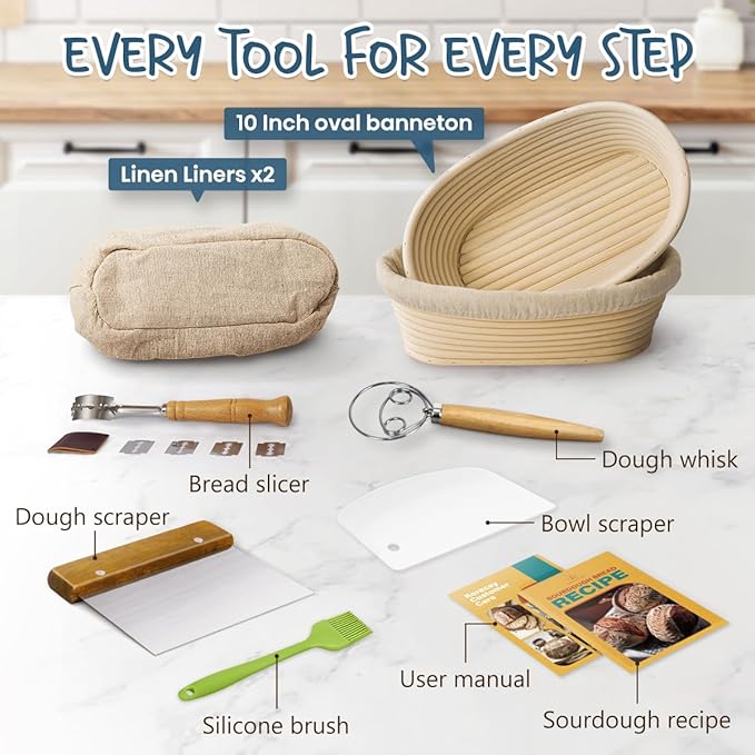 Rorecay Sourdough Starter Kit with 2 Oval Banneton Bread Proofing Baskets