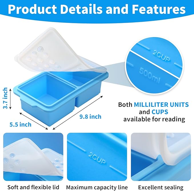 EuChoiz 2 Pack Silicone Freezer Tray Cubes 2 Cup with Date Mark Lids for Freezing Food Leftovers Sauces Portion and Lasagna Broth, Soup Freezer Molds for Meal Prepping Thick Enough