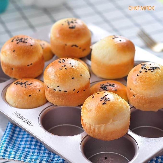CHEFMADE Muffin Cake Pan, 12-Cavity Non-Stick British Cupcake Pan Bakeware for Oven Baking (Champagne Gold)