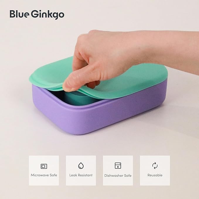 BLUE GINKGO Bento-Style Silicone Lunch Box Set, Purple, Made in Korea