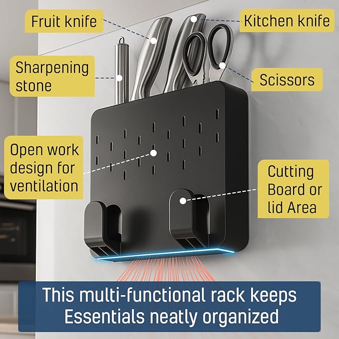 SLIMUCH Wall Mounted Knife & Cutting Board Holder – Self-Adhesive Pot Lid and Utensil Organizer with 4 Slots for Knives, Scissors & Kitchen Tools | Space-Saving Under Cabinet Storage Rack