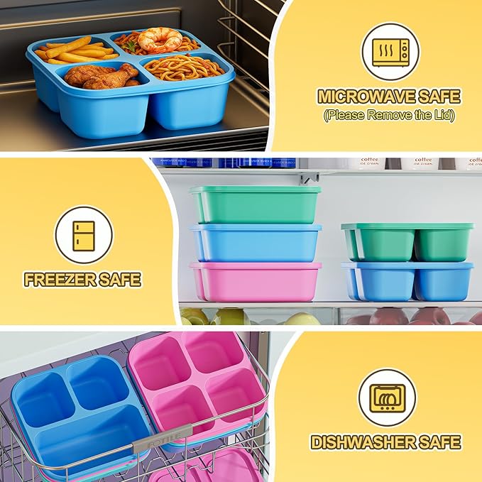 Canfanni 6 Pcs Snack Box Container Set, Reusable 3&4 Compartment Meal Prep Snack Containers for Adults Kids Toddler, BPA-Free Divided Lunchable Container for School, Work and Travel (Multicolor)