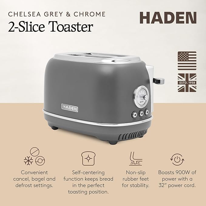 Haden Chelsea 2-Slice Wide Slot Stainless Steel Toaster with Adjustable Browning Control & Non-Slip Feet, Grey & Chrome