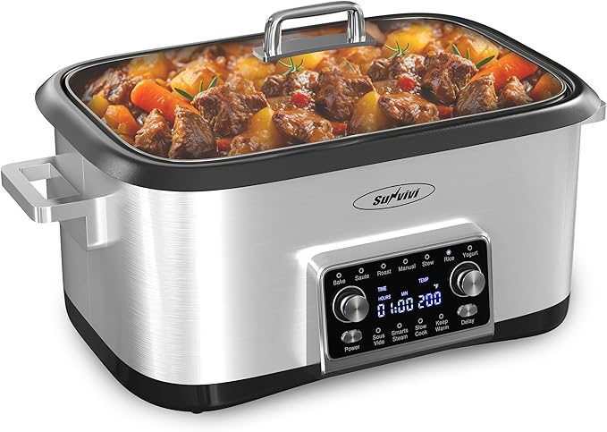Sunvivi 8 Quart Slow Cooker Roaster Oven, 12 in 1 Programmable Multi-Cooker with Digital Timer, Temp Control, Keep Warm, Removable Non-stick Aluminum Pot & Dishwasher-Safe Glass Lid, Stainless Steel