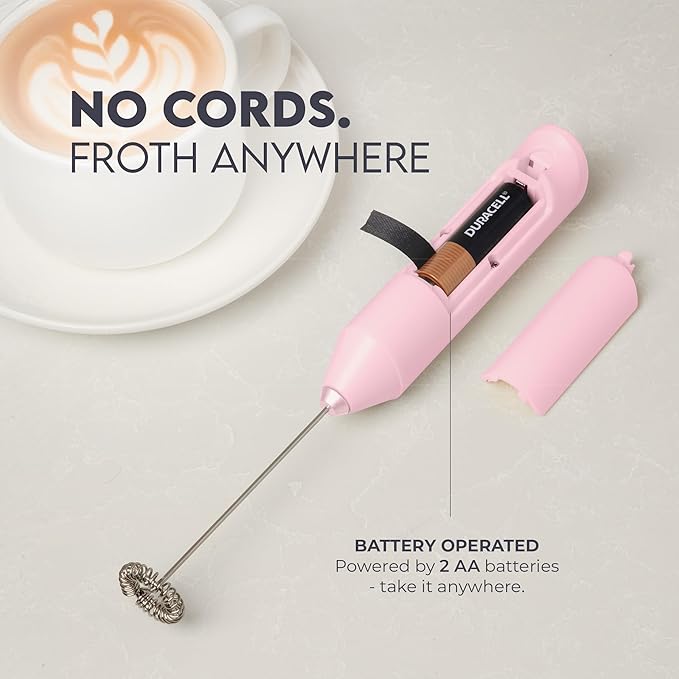 Zulay Kitchen Powerful Milk Frother Wand - Handheld Stainless Steel - Battery Operated Drink Mixer for Coffee, Lattes, Cappuccino, Matcha - Froth Mate Frother Gift - Elegant Pink