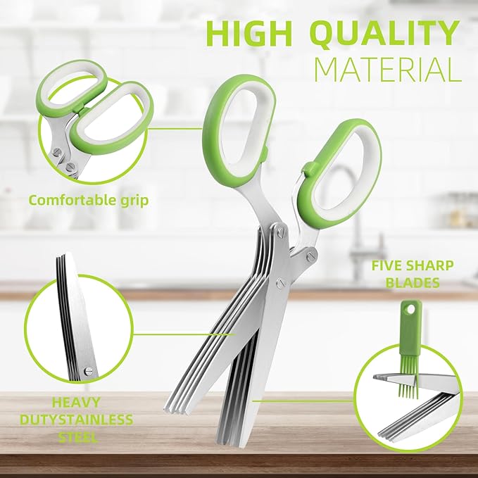 ccraowo 2025 Herb Scissors Set - Classic green 5-Blade Design with Cover and Comb - Skin-Friendly Handle for Comfortable Grip - Dishwasher Safe, Rust-Resistant Stainless Steel for Fresh Herbs