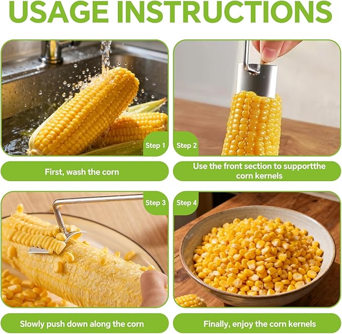 2PCS Corn Cob Stripper, 2025 New Corn Peeler for Corn on the Cob, Corn Cutter to Cut Corn off the Cob, Long Handle Stainless Steel Corn Stripping Tool for Home Kitchen & Outdoor Dining