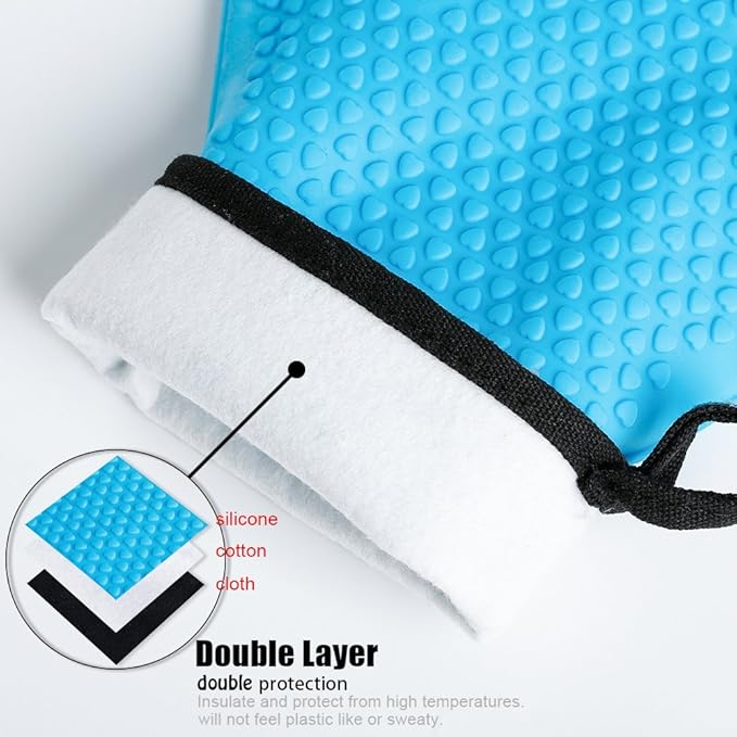 Loveuing Kitchen Oven Gloves - Dual-Layer Heat Resistant Grilling Gloves, Silicone Oven Mitts with 5 Fingers, Waterproof Non-Slip Pot Holder for Barbecue, Cooking, Baking (Small, Blue)