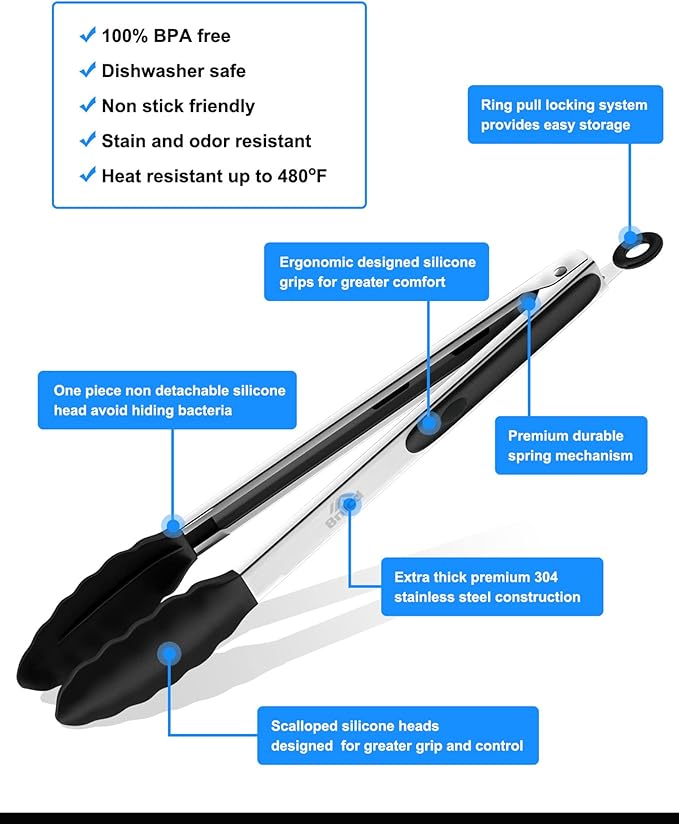 Bnlcd Good Grip Cooking Tongs with Silicone Tips, Set of 3-7" 9" and 12"