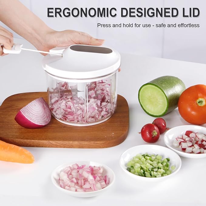 1000ML Onion Chopper, Large Hand Pull String Vegetable Food Chopper, White