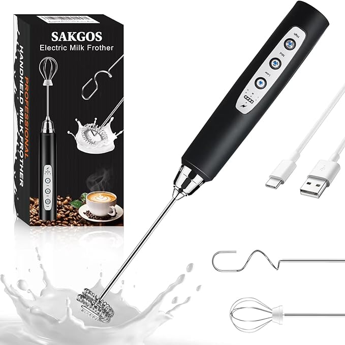 Milk Frother Wand Rechargeable Handheld Electric Whisk 3 Speed Adjustable