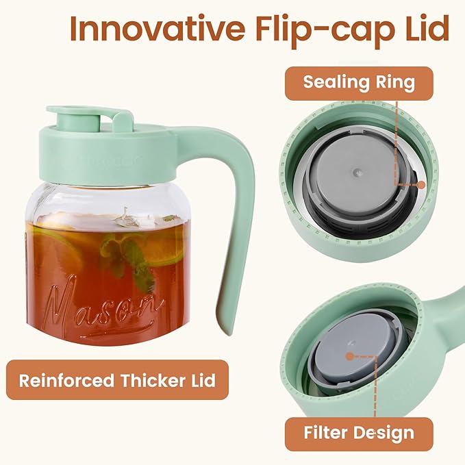 Spreccio Mason Jar Pitcher with Tea Filter, 64 oz Glass Pitcher with Lid