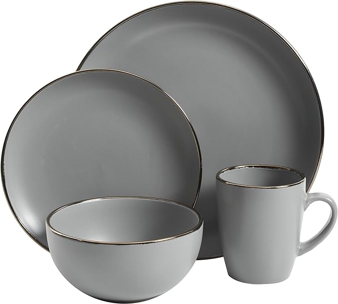 Gibson Home Rockaway 16-Piece Round Stoneware Dinnerware Set, Service for 4 – Grey with Gold Rim Plates and Bowls, Microwave & Dishwasher Safe