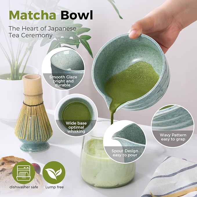 TUDRUKU Matcha Whisk Set, 5-Piece Bamboo Kit with Spout Bowl, Bluish Green