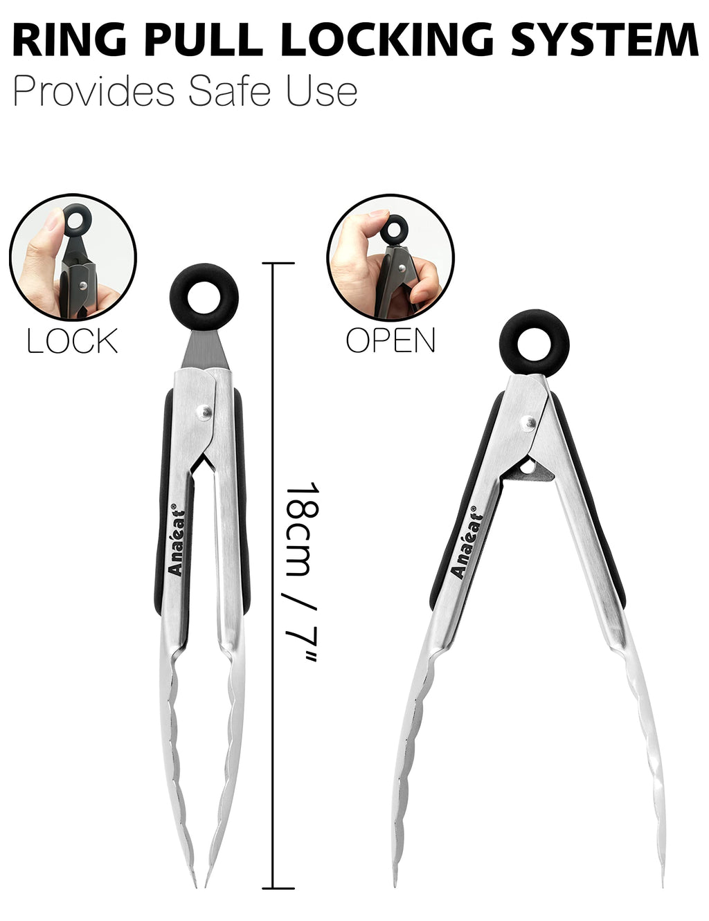 Anaeat 7" Mini Cooking Tong Stainless Steel - Sturdy Coiled Spring Locking Kitchen Food Tong with Non-Slip Silicone Grip for Serving, Cooking, Baking - Heat Resistant up to 480°F (Black)