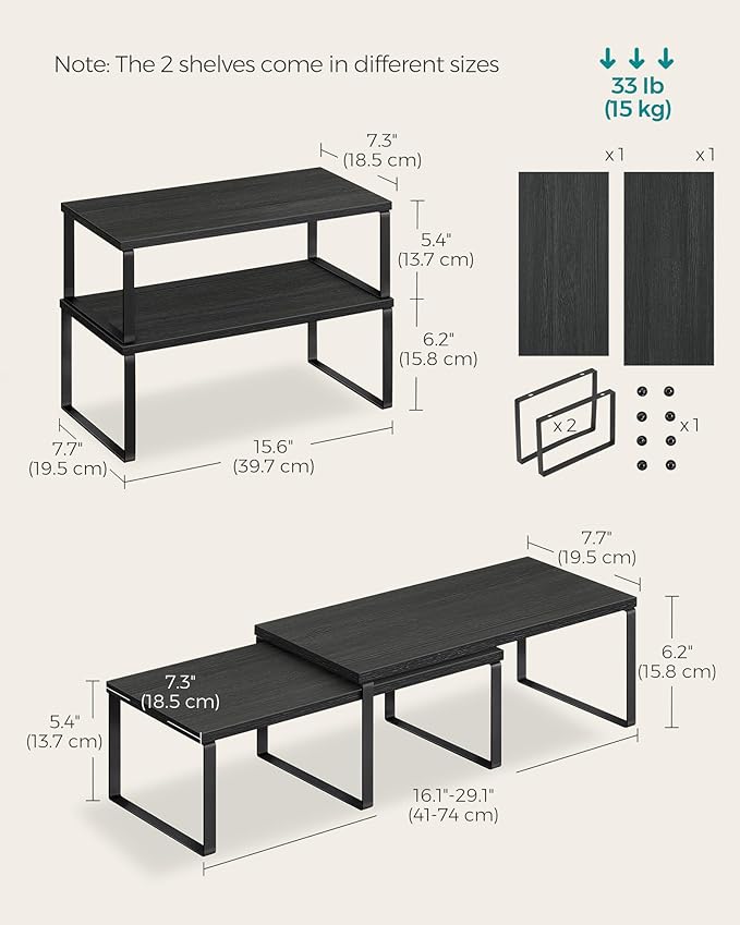 SONGMICS Cabinet Organizer Shelf, Set of 4 Kitchen Counter Shelves, Kitchen Storage, Spice Rack, Stackable, Expandable, Metal and Engineered Wood, Ink Black and Ebony Black UKCS028B01