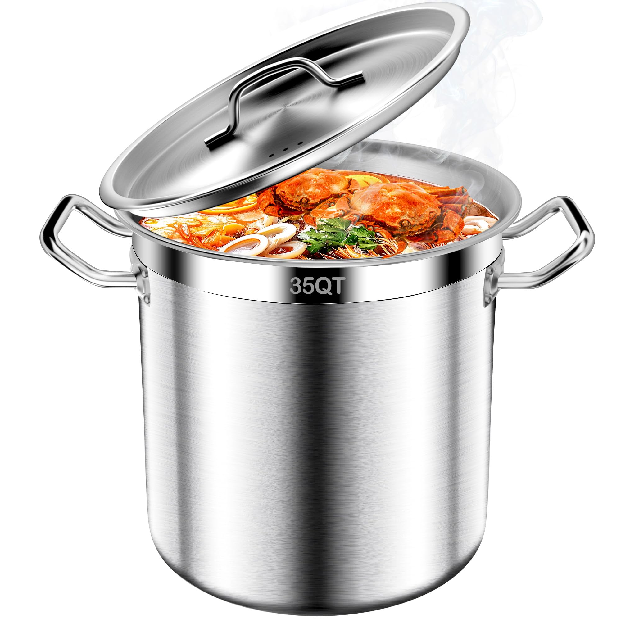 Large Stock Pot-35QT Stainless Steel Stockpot with Lid, Heavy Duty Tri-Ply Bottom Commercial Grade Stock Pot & Stockpots for Boiling Cooking Soup Stew Canning Cooking Pots, Cookware Sauce Pot