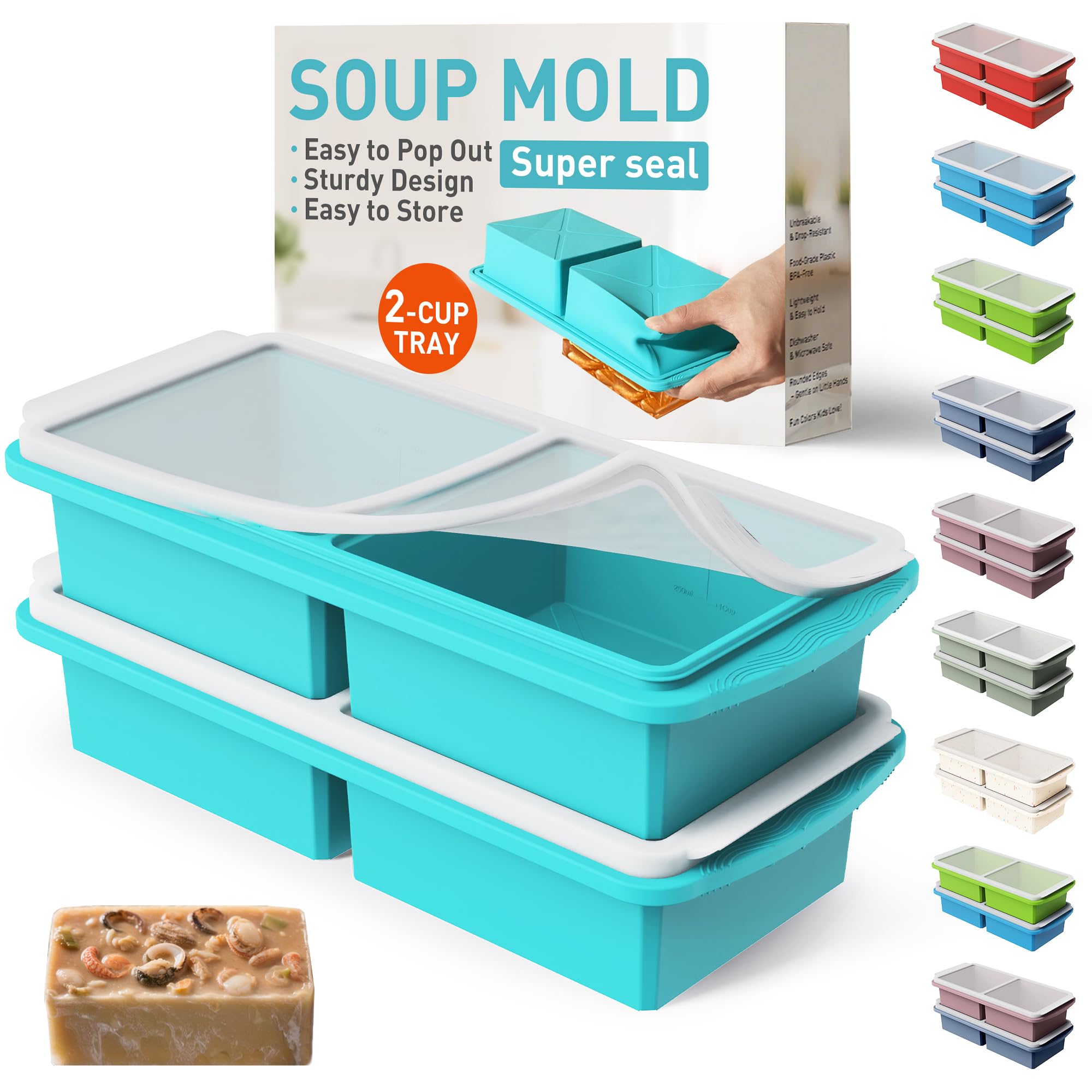 Silicone Freezer Tray with Lid Soup Freezer Container Molds with Steel Reinforced Rim Ice Cube Freezer Molds for Soup, Sauce, Leftovers, Homemade Meal Prep Containers Portion Control Food Storage