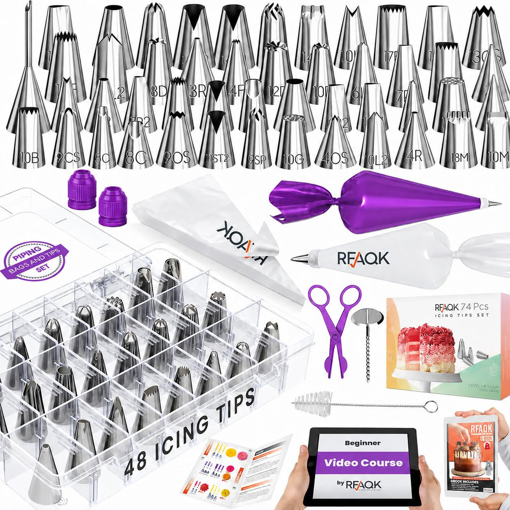 RFAQK 74 PCs Icing Piping Bags and Tips Set, Cake Decorating Kit with 48-Numbered Piping Tips, 20+1 Pastry Bags for Cookie Cupcake Cake Decoration, with Booklet and E-book (Purple)