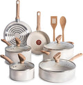 T-Fal Revive Ceramic Nonstick Cookware Set, Oven Safe Up to 350ºF, 12-Piece, Includes Stockpot, Saucepan, Skillet, Frying Pans, Utensils, Ceramic Pots and Pans Set, Beige Granite