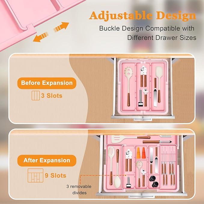 Homecor Utensil Drawer Organizer for Kitchen, Expandable Silverware Organizer Cooking Utensils Tray, Large Cutlery and Flatware Holder, Kitchen Tools & Gadgets Storage (Pink)
