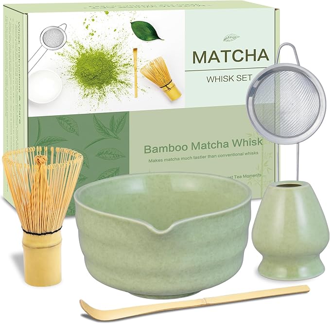 Matcha Whisk Set, Ceramic Matcha Bowl with Spout, Bamboo Whisk, Chasen Holder, Sifter, Traditional Scoop, Complete Tea Making Kit for Matcha Lovers, Beginner Starter Gifts for Women Men