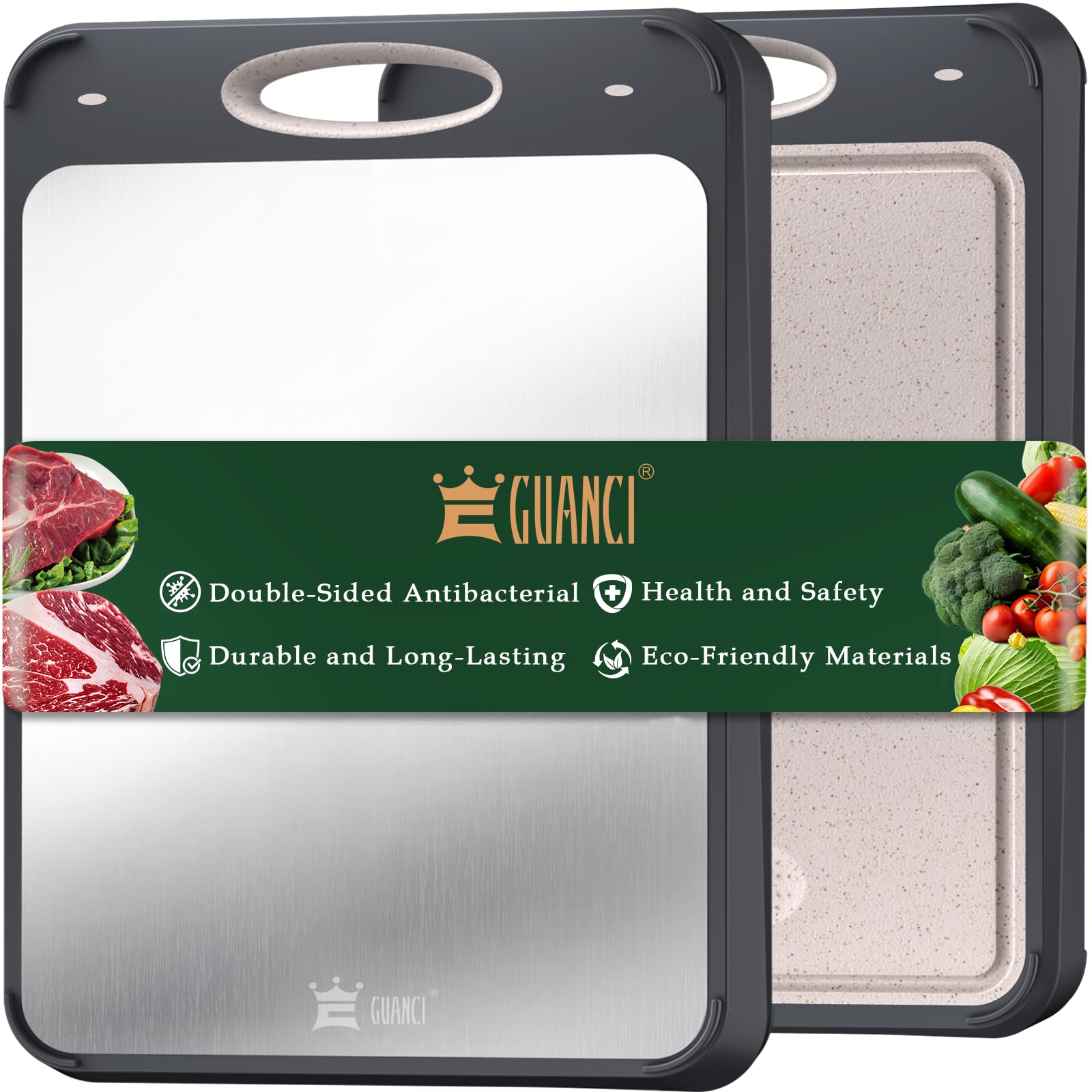 GUANCI Stainless Steel Cutting Board for Kitchen, Non Toxic 2-in-1 Double Sided Design, 304 Food Grade Stainless Steel & Wheat Straw PP, Durable Chopping Board for Meat & Vegetables, 14×9.6 Inch