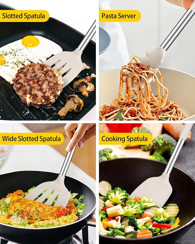 Silicone Cooking Utensils Set, 8 Pcs Kitchen Utensils with Holder, Khaki
