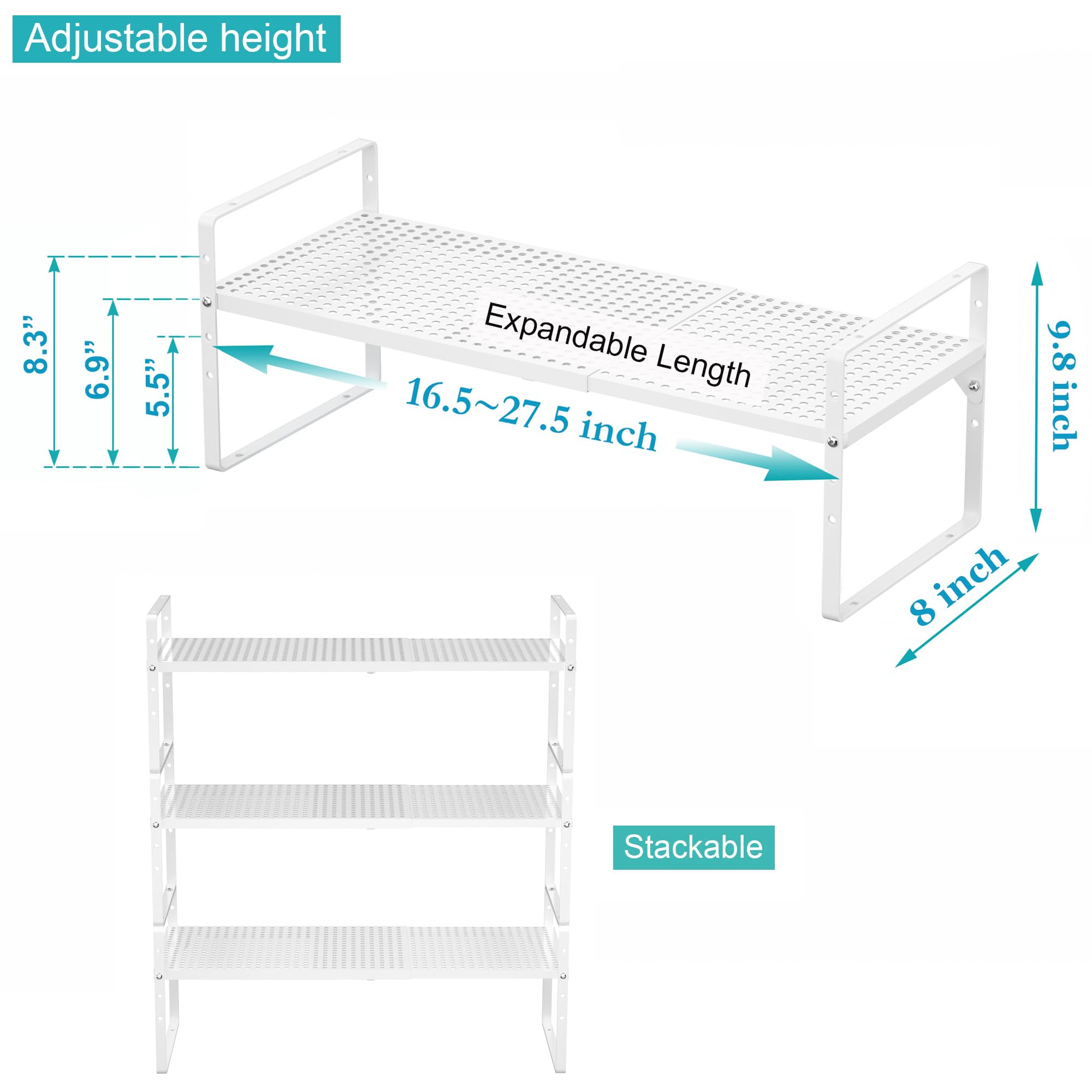 iPEGTOP Expandable Cabinet Storage Shelf Organizer Rack, Heavy Duty Stackable Steel Metal Spice Rack Adjustable Height Pantry Garage Shelf for Counter Kitchen Organization, White - 1 Pack
