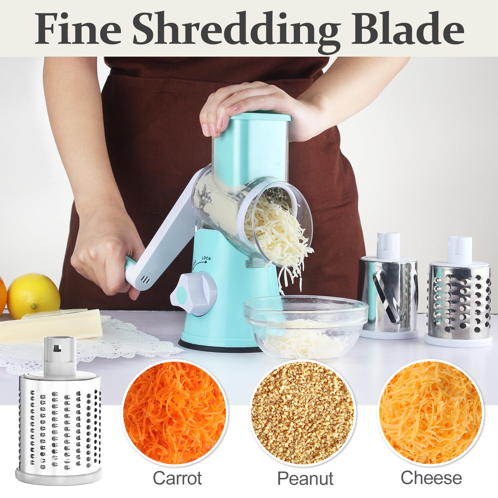 Cambom Rotary Cheese Grater Hand Crank Cheese Shredder for Fresh Cheese, Vegetable, Nuts,Non-slip Suction Base, Five Blades, Blue