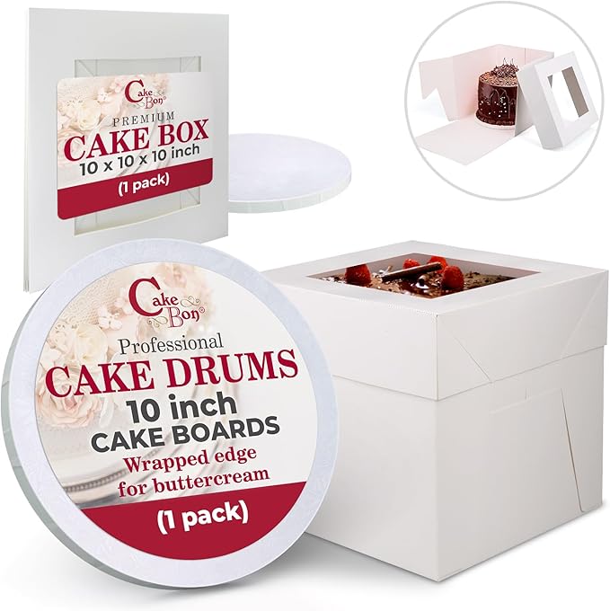 Cakebon Cake Box with Boards 10" White Round Wrapped Cake Drum 1Pack