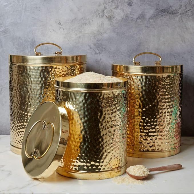 Cook Eat Serve Craft Canister Sets for Kitchen for Pantry, Gold Brass, 13" Tall, Set of 3pcs