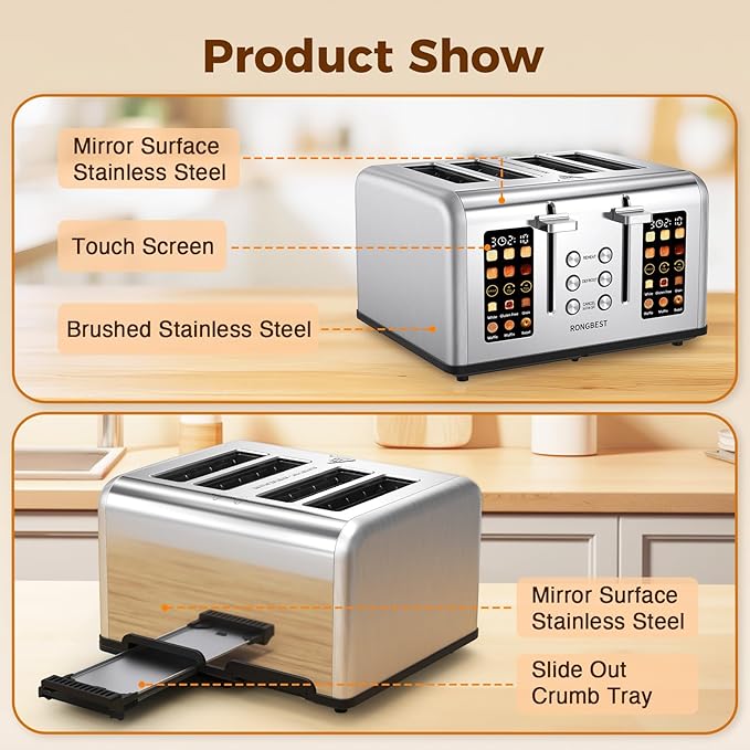 4 Slice Touch Screen Toaster with Wide Slots Stainless Steel Digital Toasters for Family Breakfast, Even Toasting for Bagel & Bread, Reheat Defrost Cancel, Removable Crumb Tray, Silver
