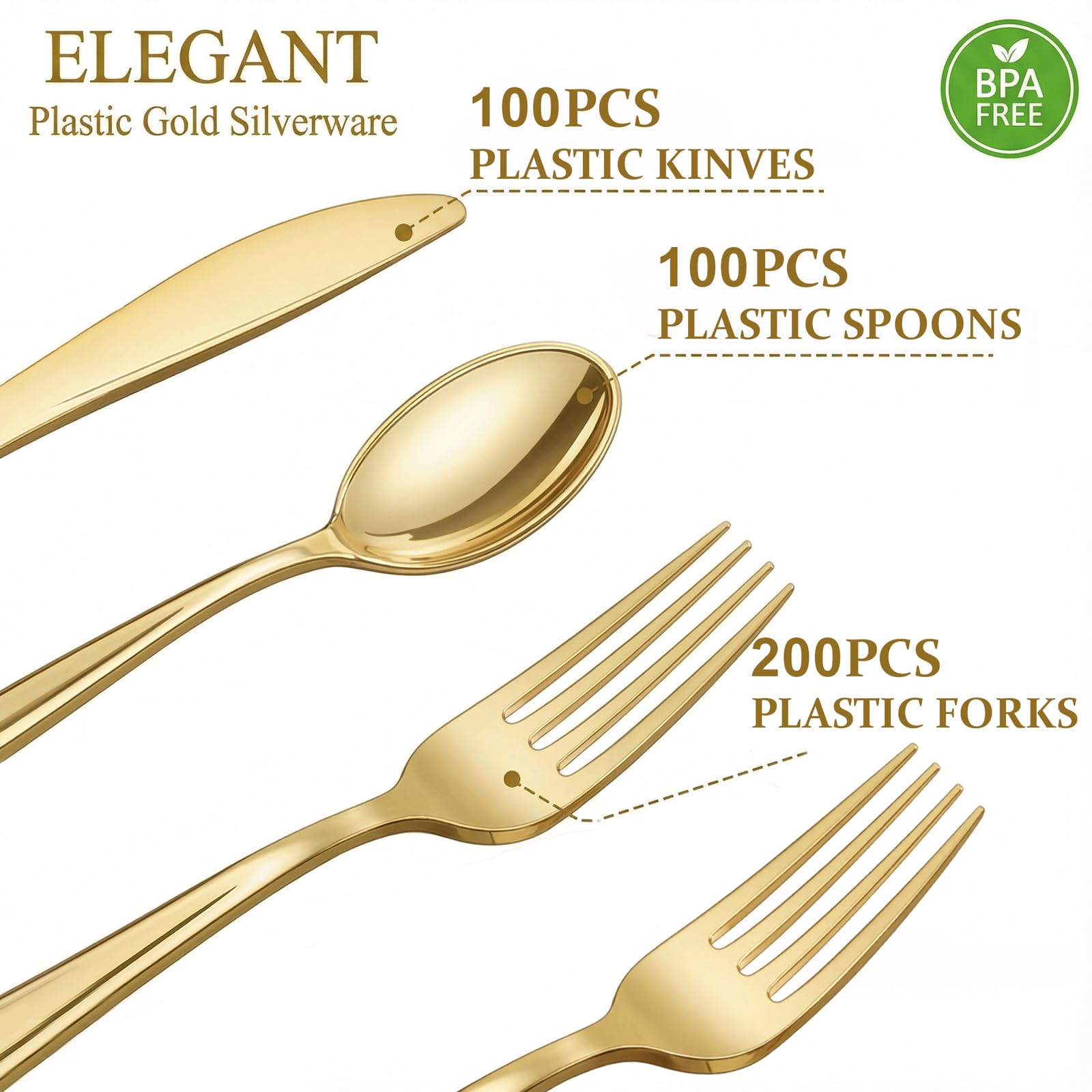 NOCCUR 400PCS Gold Plastic Silverware - Gold Plastic Cutlery Include 200 Forks, 100 Spoons, 100 Knives, Disposable Silverware Perfect for Party&Daily Using