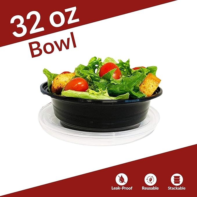 Reli. Meal Prep Container Bowls w/Lids, 32 oz. | 45 Pack | Black
