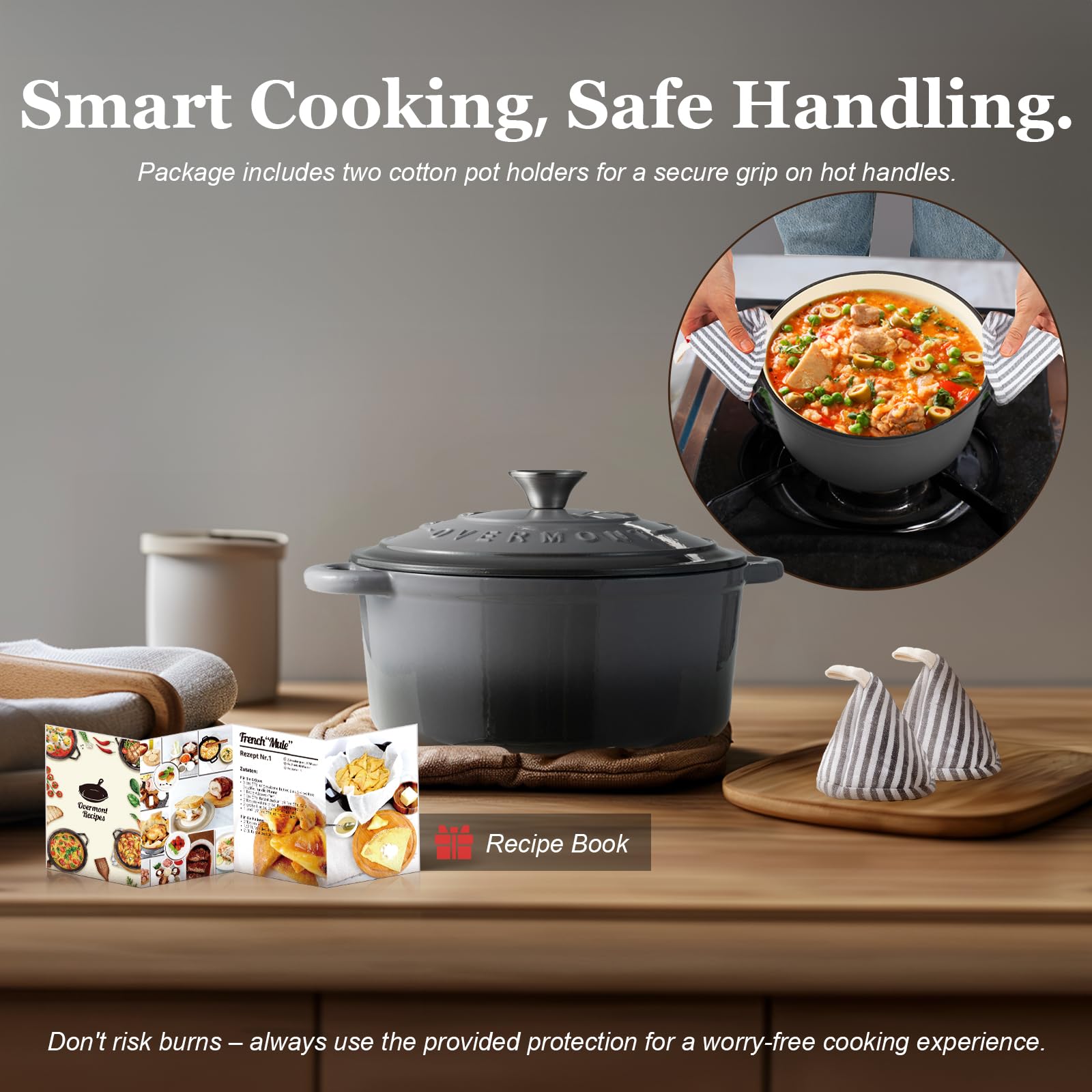 Overmont Enameled Cast Iron Dutch Oven - 7QT Pot with Lid Cookbook & Cotton Potholders - Heavy-Duty Cookware for Braising, Stews, Roasting, Sourdough Baking grey