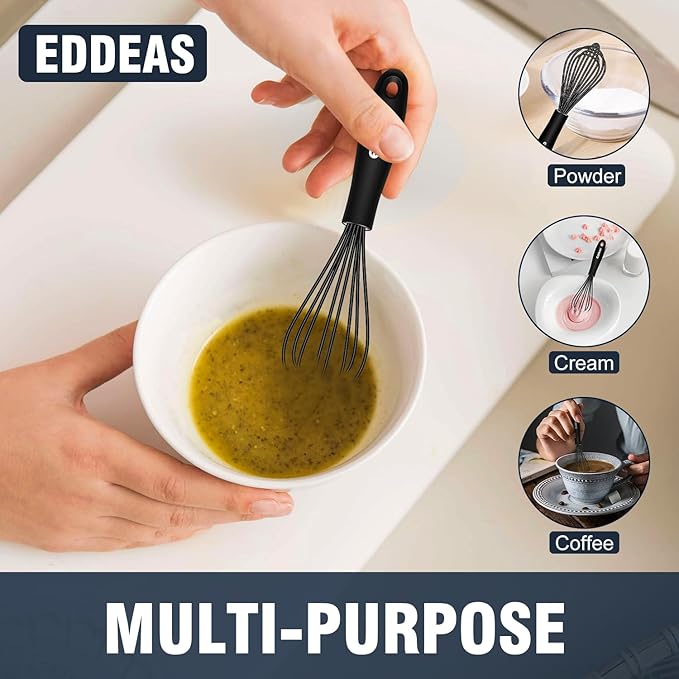 Eddeas Mini Silicone Whisk, Small Silicone Whisk 7+9in, BPA free Non Scratch Coated Protect your Ceramic Pots and Pan.Perfect for Whisking, Beating, Mixing.Black