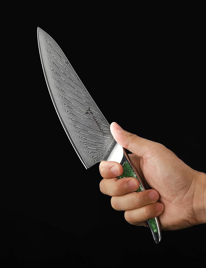 SANMUZUO 8 inch Chef Knife, Japanese VG-10 Damascus Steel Kitchen Knife, Ultra Sharp Cooking Knife with Full-tang Handle in Green Resin, LA-S9 Series