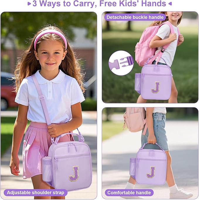 CLOUDWINGS Initial Insulated Lunch Bag for Girls Kids, Back to School Gift, Reusable Leak-proof Lunch Box with Adjustable Strap for School Daycare Travel Picnic (Purple,J)