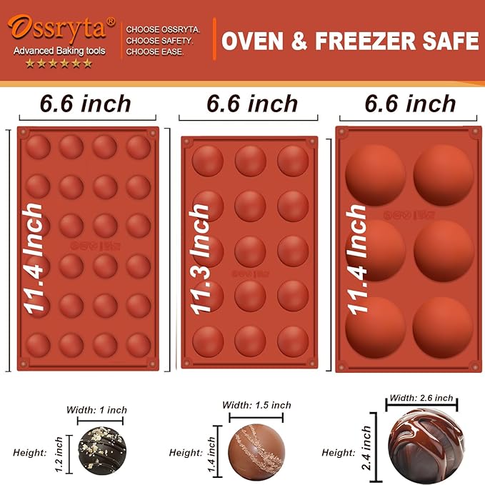 Ossryta 3Pcs Semi-Sphere Silicone Molds - Half Sphere Baking Mold Set for Chocolate Bombs, Dome Cakes, Candy, Jelly & Mousse - Reusable Non-Stick Chocolate Mold (6/15/24-Cavity)