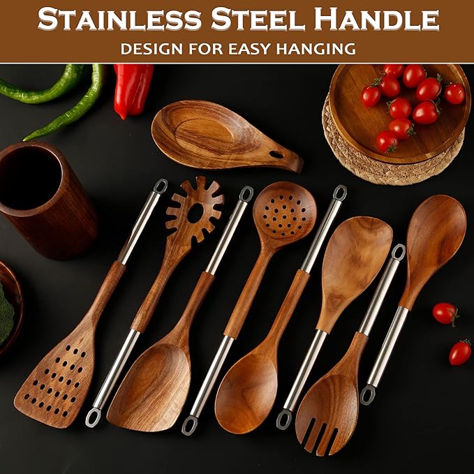 10PCS Teak Wooden Utensils Set With Holder & Spoon Rest, Stainless Handle