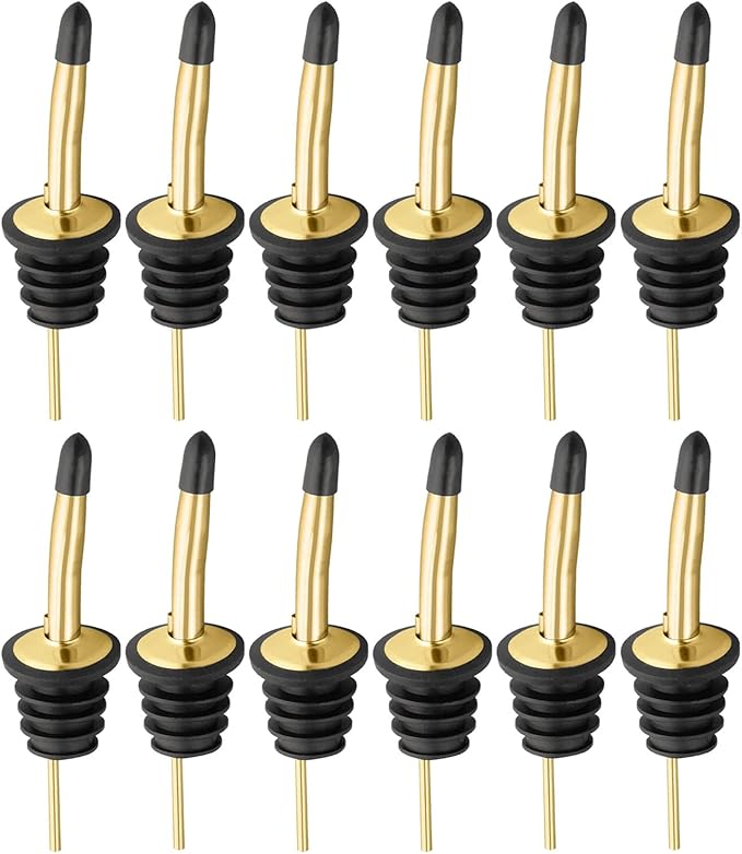 Pafusen 12 Pack Liquor Bottle Pourers, Liquor Pour Spout for Liquor Bottles, Stainless Steel Olive oil Dispenser Spout, Alcohol Pourer Spouts Dust Caps Covers, Gold