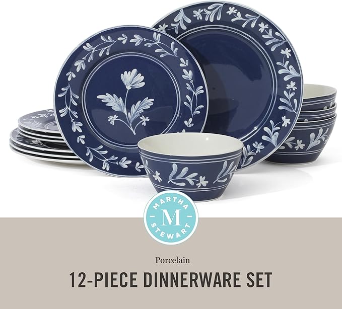 Martha Stewart Dinnerware Set- Maiden Crown 12-Piece Sky Blue Dishes – New Bone China Ceramic Plates & Bowls – Floral Design – Service for 4 – Microwave & Dishwasher Safe