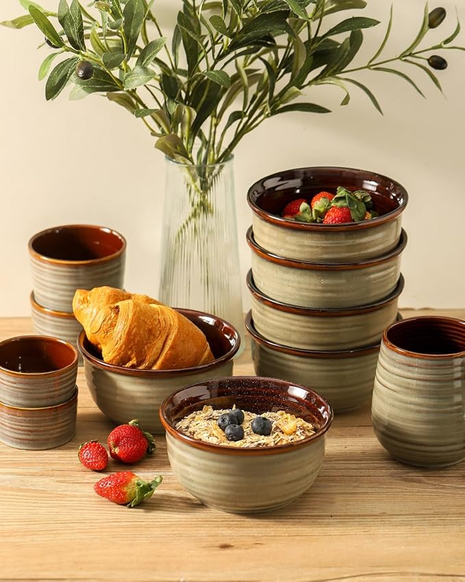 HASENSE Ceramic Cereal Bowls Set of 6, 20 oz Reactive Glaze Grey Soup Bowls