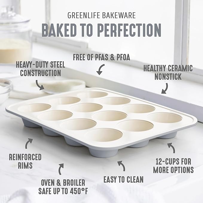 GreenLife 12 Cup Ceramic Nonstick Muffin Pan, Gray
