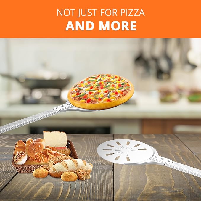 Pizza Turning Peel, 8-inch Pizza Peel Turner Spinner with Non-Slip Long Handle & Silicone Hanging Hook, Essential Pizza Oven Accessories for Outdoor & Indoor Baking, Even Crispy Crust Every Time