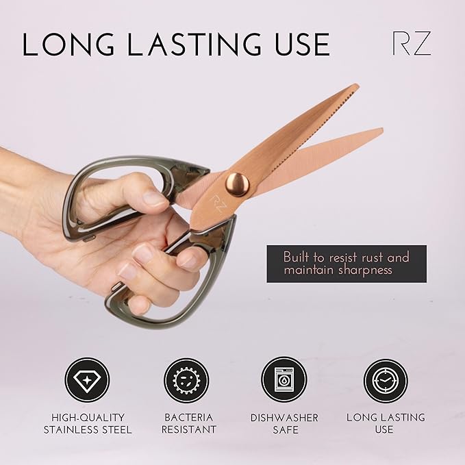 Rachel Zoe All Purpose Scissors, Scissors for Office, School or Art, Stainless Steel Sharp Shears with Large Handles, Dishwasher Safe (Green/Copper)
