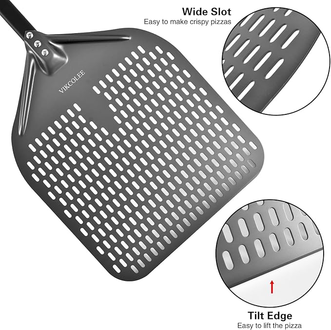 VIKCOLEE Perforated Pizza Peel, 14 x 16 Inch Rectangular Pizza Turning Peel, Professional Anodized Aluminum Turning Pizza Spatula, 34 inch overall